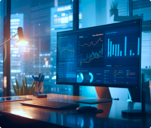 Computer screen displaying financial charts and data in a dimly lit office with a cityscape view.