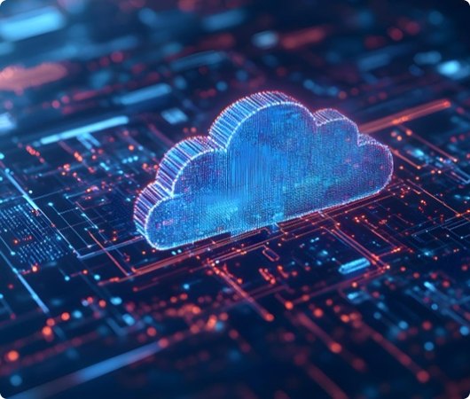 Digital cloud icon on a futuristic circuit board, symbolizing cloud computing technology.